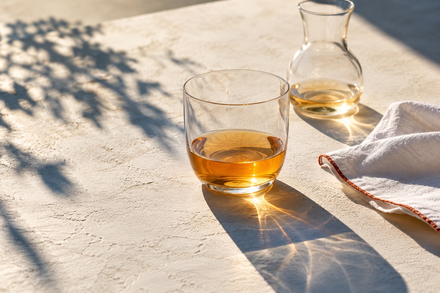 グラスと飲み物を置いたテーブルのイメージ。実際の商品ではありません。